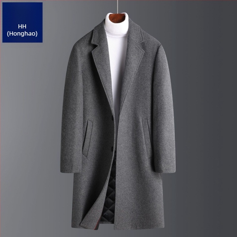 Gyapjúkabát, városi stílus, karcsú szabás, vastag gyapjú, egysoros záródás, V-nyakú gallér, poliészter bélés