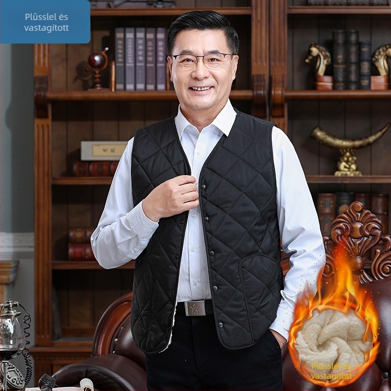 Férfi vastag pamut mellény kapucni nélkül, laza szabású, töltet: pamut, bélés: poliészter