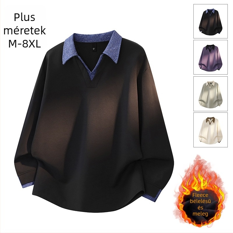 Férfi fleece pulóver színblokkolt gallérral, hosszú ujjú, laza szabás, 100% poliészter