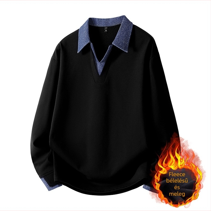 Férfi fleece pulóver színblokkolt gallérral, hosszú ujjú, laza szabás, 100% poliészter