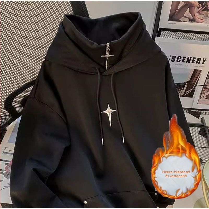 Koreai stílusú kapucnis pulóver, kerek nyakú, vastag fleece, 96% poliészter, 400 g+