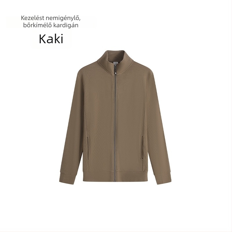 Férfi koreai stílusú kardigán-sweatshirt álló gallérral és cipzárral, vast anyag, regenerált cellulóz rostok (51–70%)