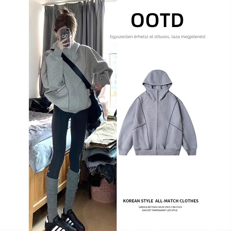 Női kapucnis kardigán-sweatshirt – laza szabású, pamut-poliészter keverék, elöl zipzár, hosszú ujjú, kollázs dizájn