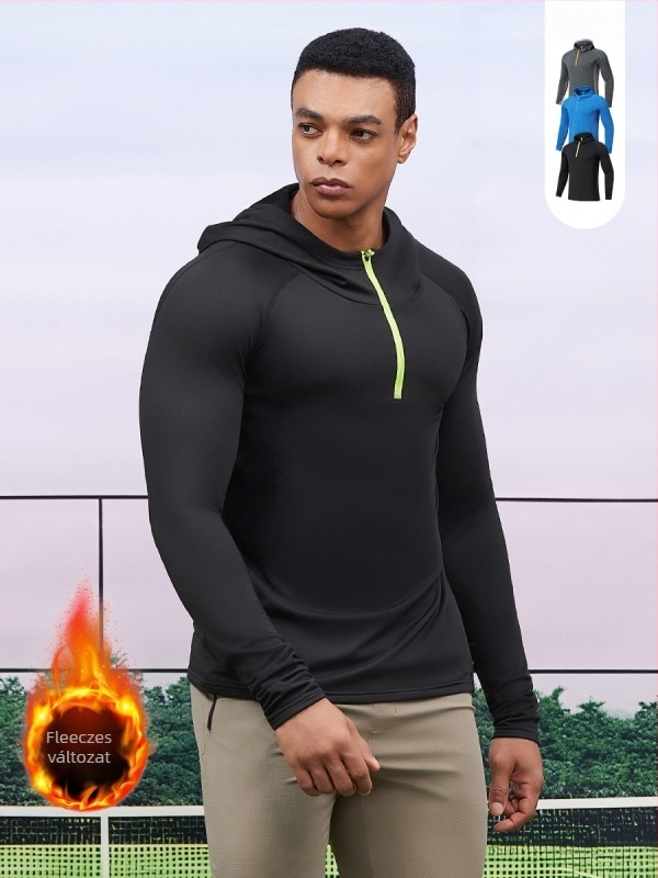 Férfi kapucnis fleece sportpulóver fél cipzárral – slim fit, szélálló, ősz-tél (88% poliészter keverék; 12% poliészter bélés)