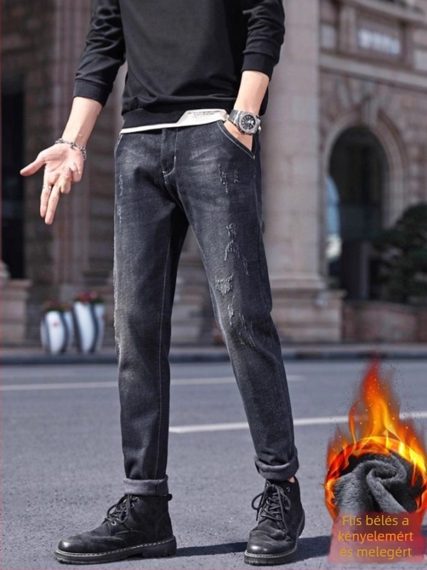 Férfi farmernadrág fleece-lével bélelt, egyenes szabás, cipzár, mosott denim, tavaszi viselethez