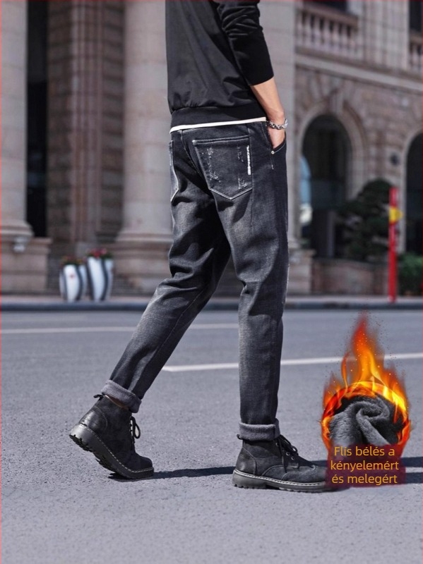 Férfi farmernadrág fleece-lével bélelt, egyenes szabás, cipzár, mosott denim, tavaszi viselethez