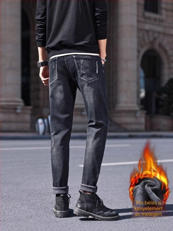 Férfi farmernadrág fleece-lével bélelt, egyenes szabás, cipzár, mosott denim, tavaszi viselethez