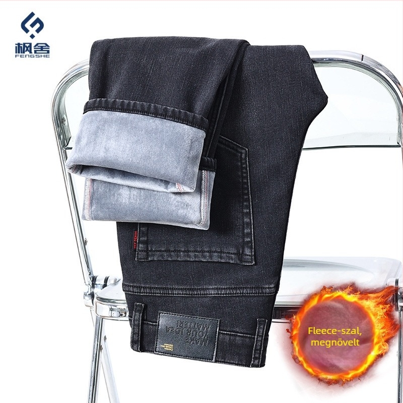 Fengshe Férfi farmernadrág denimből, fleece bélés, Slim Straight szabás, középső derekú, cipzár