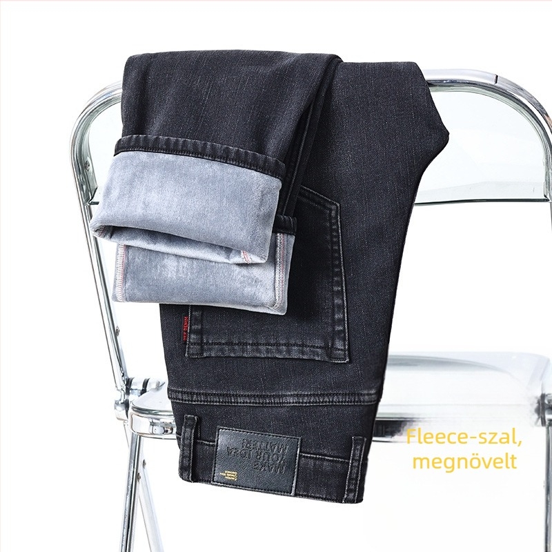 Fengshe Férfi farmernadrág denimből, fleece bélés, Slim Straight szabás, középső derekú, cipzár