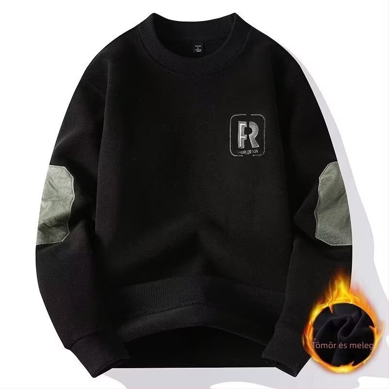 Férfi pulóver velúr fleece, vastag, japán retro stílus, hímzett betűk