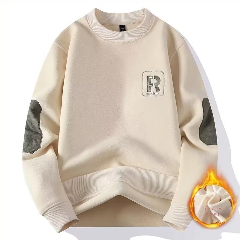 Férfi pulóver velúr fleece, vastag, japán retro stílus, hímzett betűk