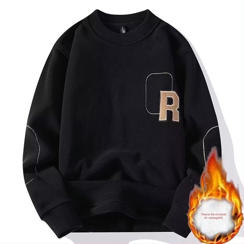 Férfi pulóver velúr fleece, vastag, japán retro stílus, hímzett betűk