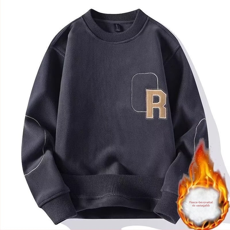 Férfi pulóver velúr fleece, vastag, japán retro stílus, hímzett betűk