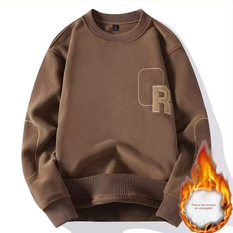 Férfi pulóver velúr fleece, vastag, japán retro stílus, hímzett betűk