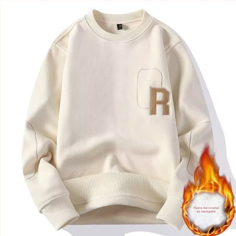 Férfi pulóver velúr fleece, vastag, japán retro stílus, hímzett betűk