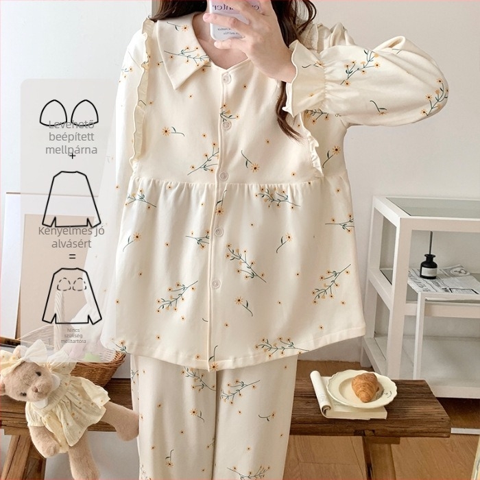 Őszi–téli légáteresztő anyasági pizsama melltámaszokkal, vastag kardigánnal, két részes készlet