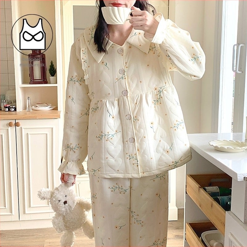 Őszi–téli légáteresztő anyasági pizsama melltámaszokkal, vastag kardigánnal, két részes készlet