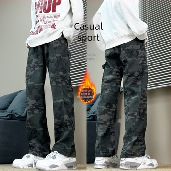 Férfi téli fleece-bélelt farmernadrág, egyenes szárú, pamut, középmagasság, cipzár