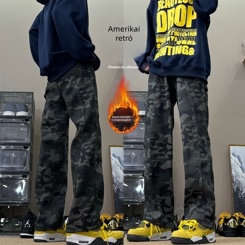 Férfi téli fleece-bélelt farmernadrág, egyenes szárú, pamut, középmagasság, cipzár