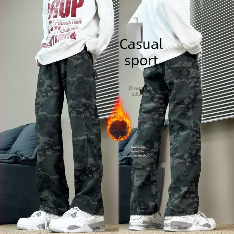 Férfi téli fleece-bélelt farmernadrág, egyenes szárú, pamut, középmagasság, cipzár