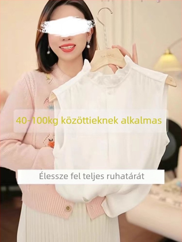 Csipkés galléros chiffonblúz, ujjatlan, 95% poliészter, szabályos hosszúságú (50-65 cm)