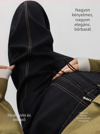 Anyasági nadrág denim hatású, széles szabású, hosszú szárú, magas elasztikusságú, középmagas derekú, poliészter anyag