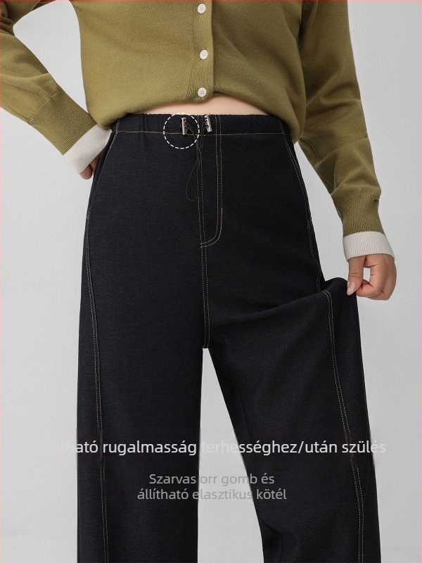 Anyasági nadrág denim hatású, széles szabású, hosszú szárú, magas elasztikusságú, középmagas derekú, poliészter anyag