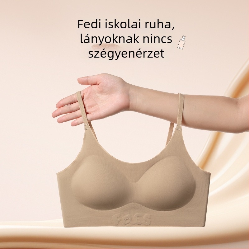 Beépített 12–15 éves serdülő lányoknak készült sportos tanktop melltartó; teljes kosár, vékony formázott kosár; formázott kosár pamutból; fő anyag: spandex; bélés: nylon/poliamid 70–80%; zárás nélküli; rögzített dupla pántok