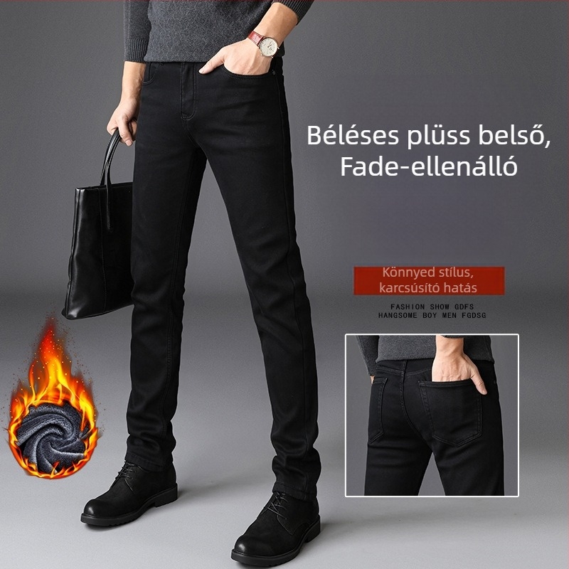 Férfi denimnadrág, egyenes szabású, fleece-beléssel, öt zsebbel, középmagas derék, cipzárral