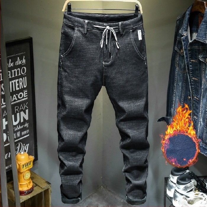 Férfi farmernadrág fleece béléssel, koreai stílus, oversized, egyenes szabás, húzókötővel és cipzárral, 90% pamut