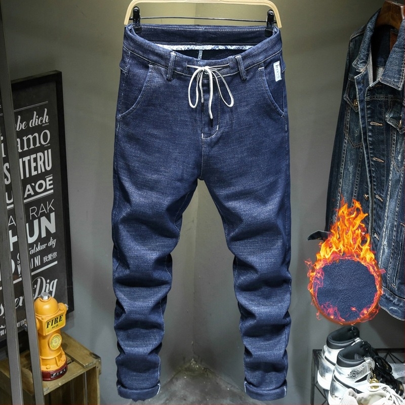 Férfi farmernadrág fleece béléssel, koreai stílus, oversized, egyenes szabás, húzókötővel és cipzárral, 90% pamut