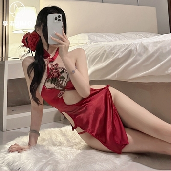 Antique Peony-Embroidered Halter-Neck Cheongsam, Polyester fabric, 90-95% polyester, Sheer Side Slit