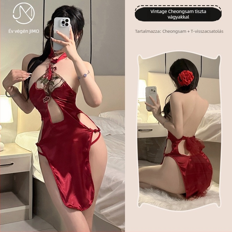 Antique Peony-Embroidered Halter-Neck Cheongsam, Polyester fabric, 90-95% polyester, Sheer Side Slit