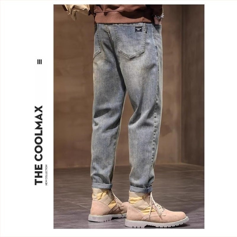 Férfi denimnadrág fleece béléssel, laza egyenes szabás, középmagas derék, több zseb, cipzár