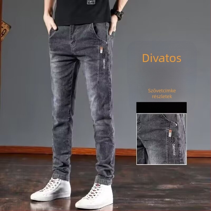 Férfi denim farmer, laza szabású, egyenes szárú, középmagas derekú, kötőzárású, denim-poliészter keverék, mosott felület