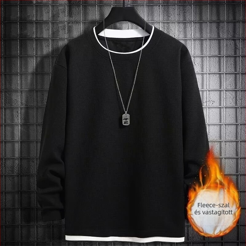 Pulóver fleece béléses, kerek nyakú, hosszú ujjú, lazán szabott, poliészter keverék