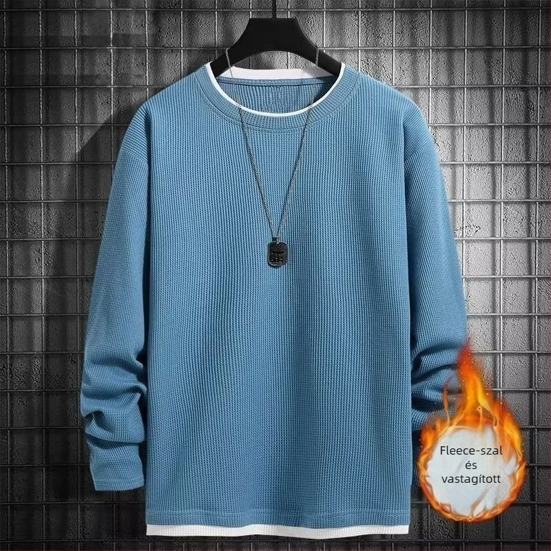 Pulóver fleece béléses, kerek nyakú, hosszú ujjú, lazán szabott, poliészter keverék