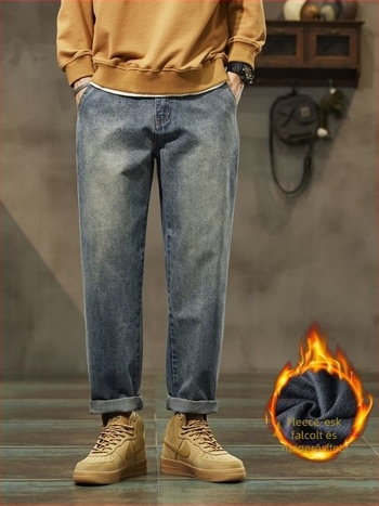 Vintage denim férfi nadrág, laza egyenes szabás, középmagas derék, cipzár, mosott