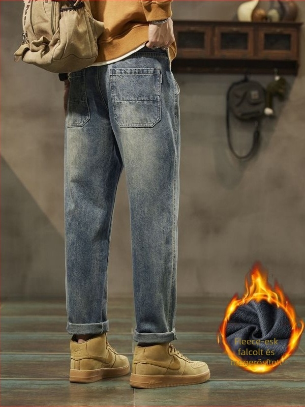 Vintage denim férfi nadrág, laza egyenes szabás, középmagas derék, cipzár, mosott