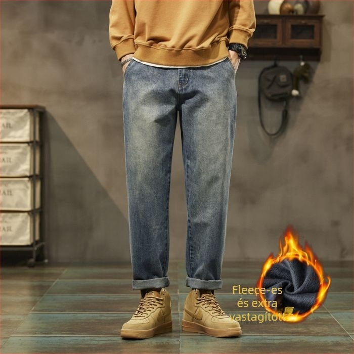 Vintage denim férfi nadrág, laza egyenes szabás, középmagas derék, cipzár, mosott