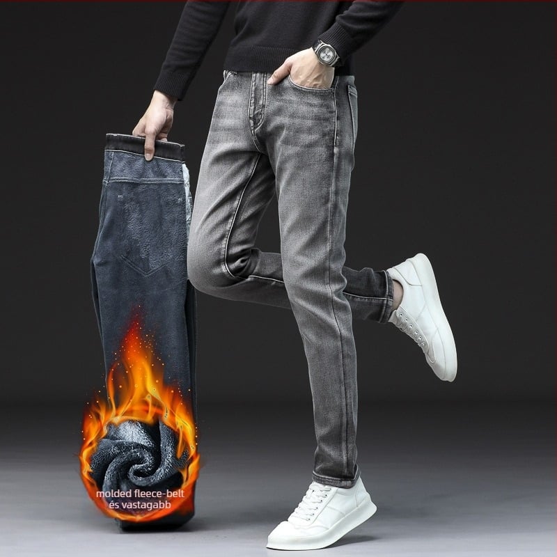 Férfi polárbéléses farmernadrág, egyenes szabású, középmagas derék, cipzár, 89% pamut