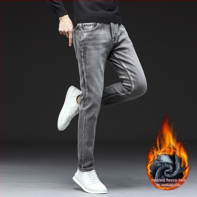 Férfi polárbéléses farmernadrág, egyenes szabású, középmagas derék, cipzár, 89% pamut