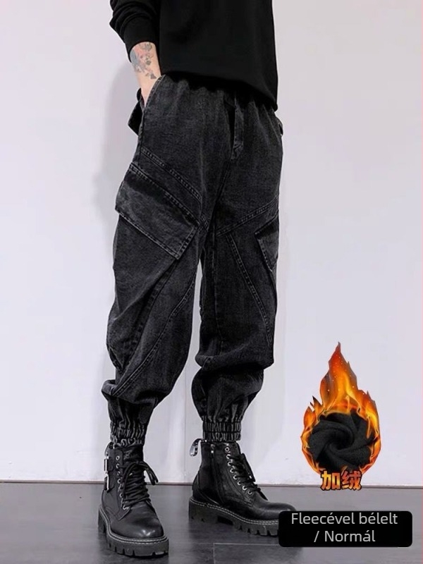 Denim munkásnadrág fleece-béléssel — egyenes szabású, középső derék, cipzár