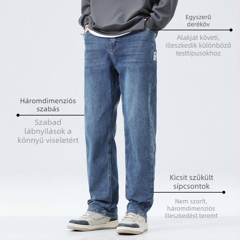 Férfi fleece-béléses farmer téli 2025, egyenes szabású, középmagas derék, pamut-poliészter keverék enyhe elasztikával