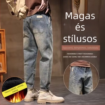 Férfiaknak szóló denim nadrág, egyenes szabású, magas derék, cipzár, cargo zsebek