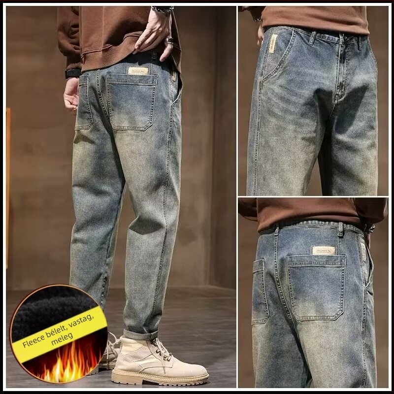 Férfiaknak szóló denim nadrág, egyenes szabású, magas derék, cipzár, cargo zsebek