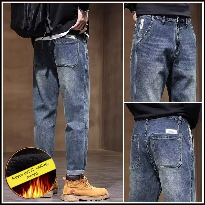 Férfiaknak szóló denim nadrág, egyenes szabású, magas derék, cipzár, cargo zsebek