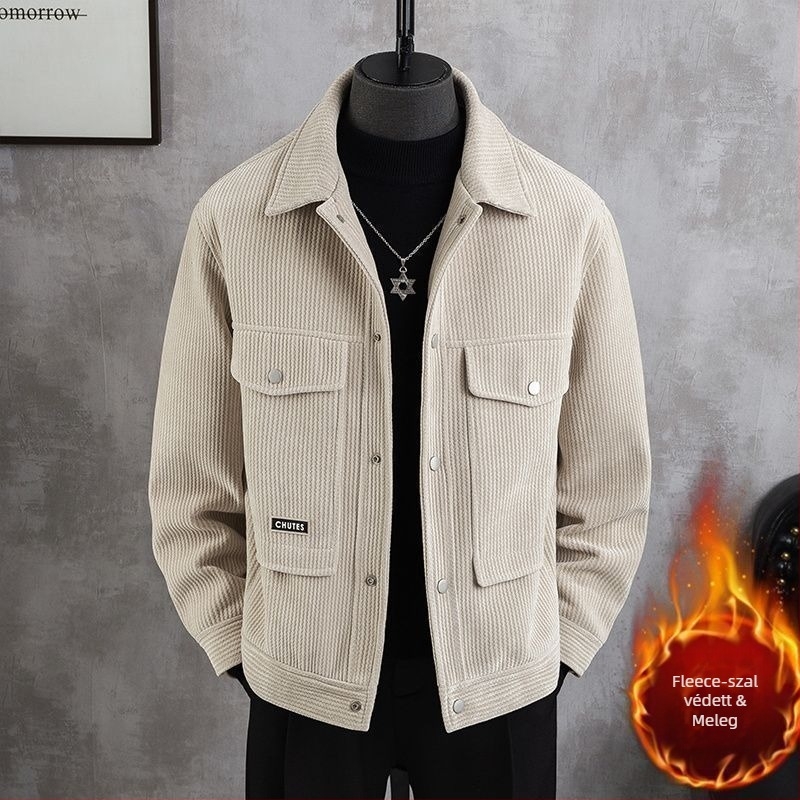 Férfi corduroy kabát fleece béléssel, kapucnival, vastag, szélálló