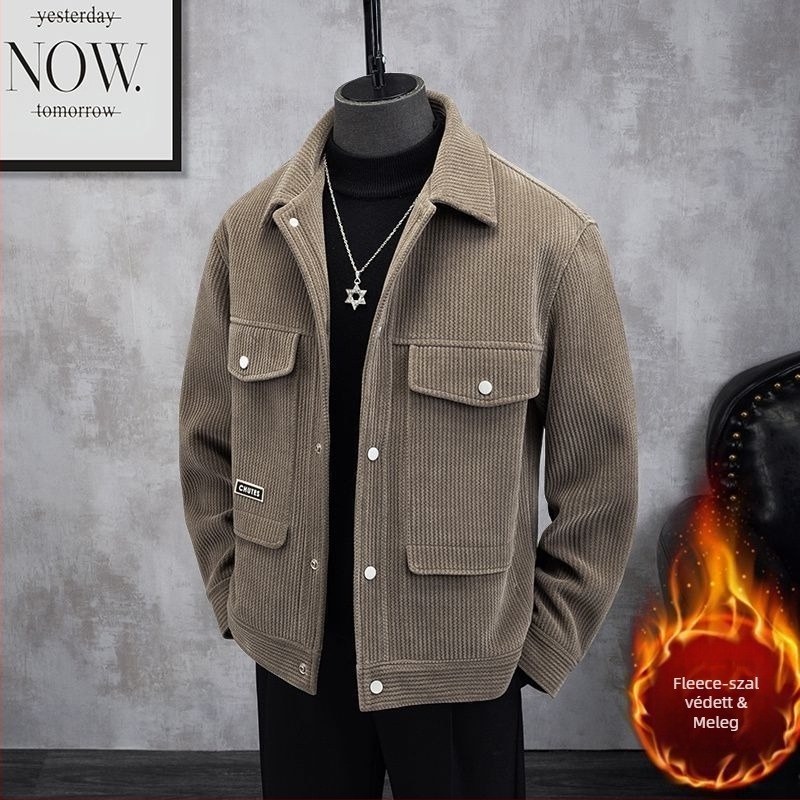 Férfi corduroy kabát fleece béléssel, kapucnival, vastag, szélálló