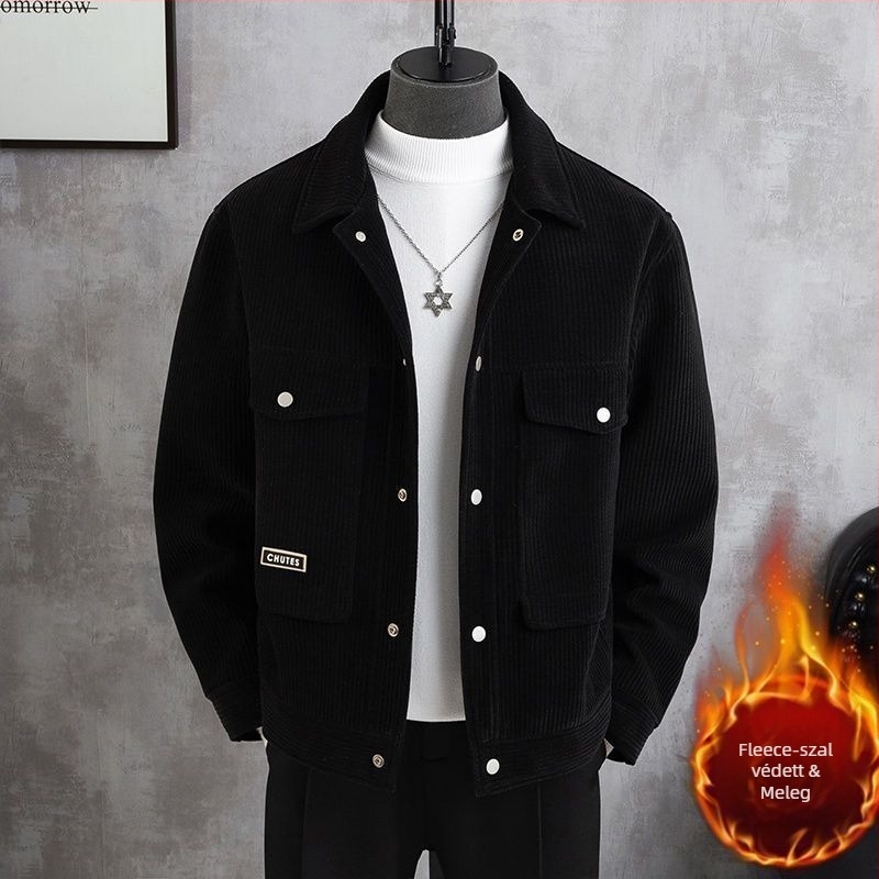 Férfi corduroy kabát fleece béléssel, kapucnival, vastag, szélálló
